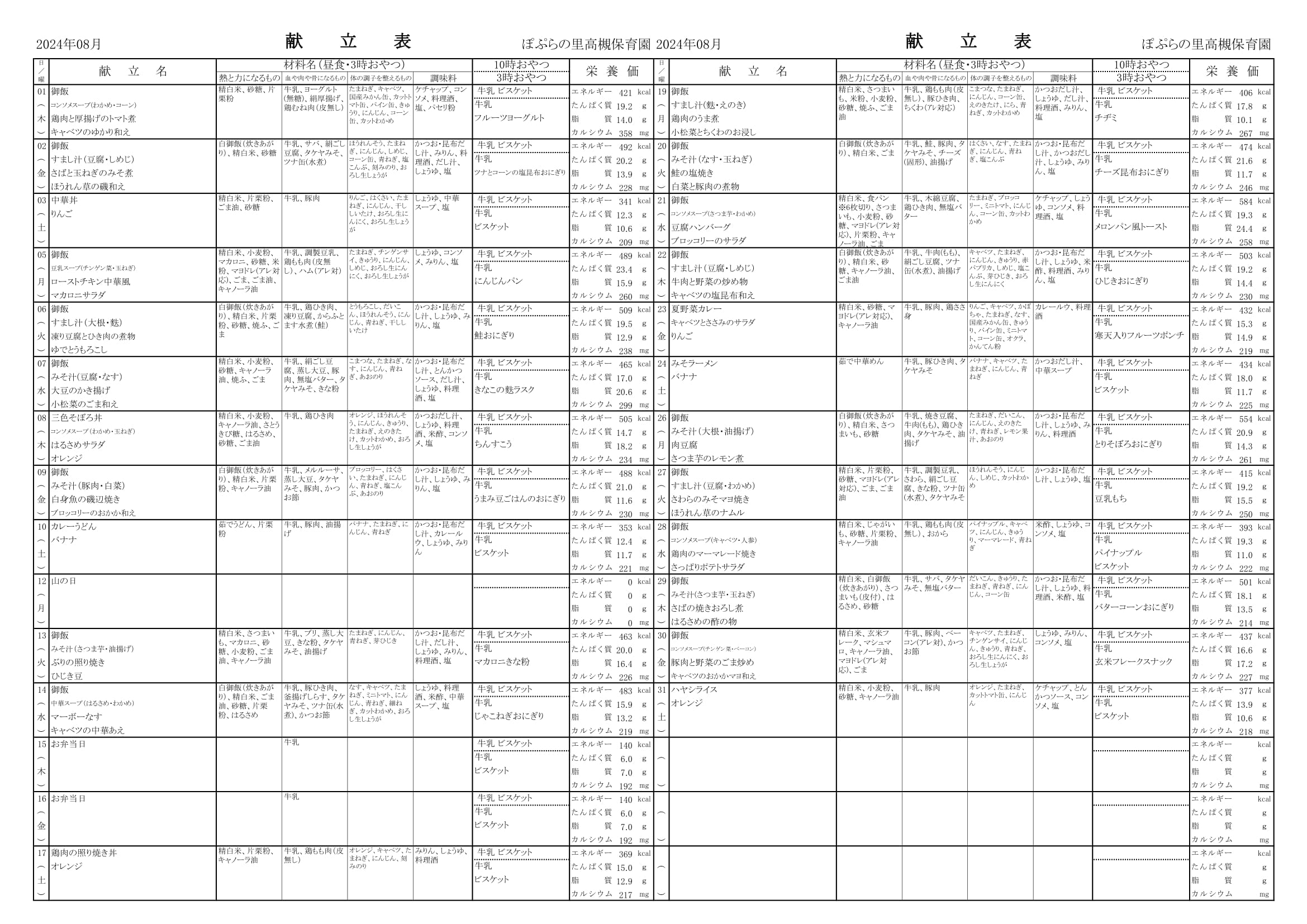 令和６年８月　献立