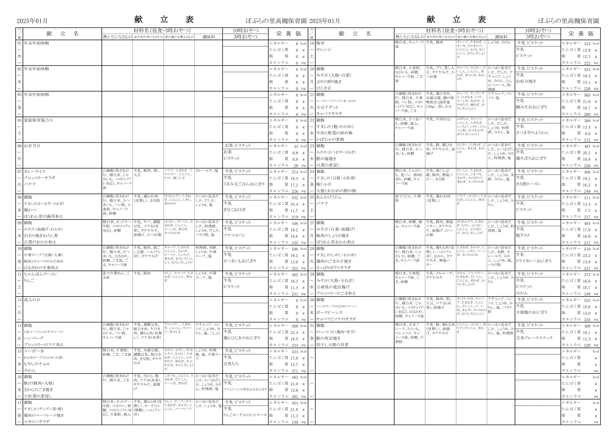 令和7年1月　献立